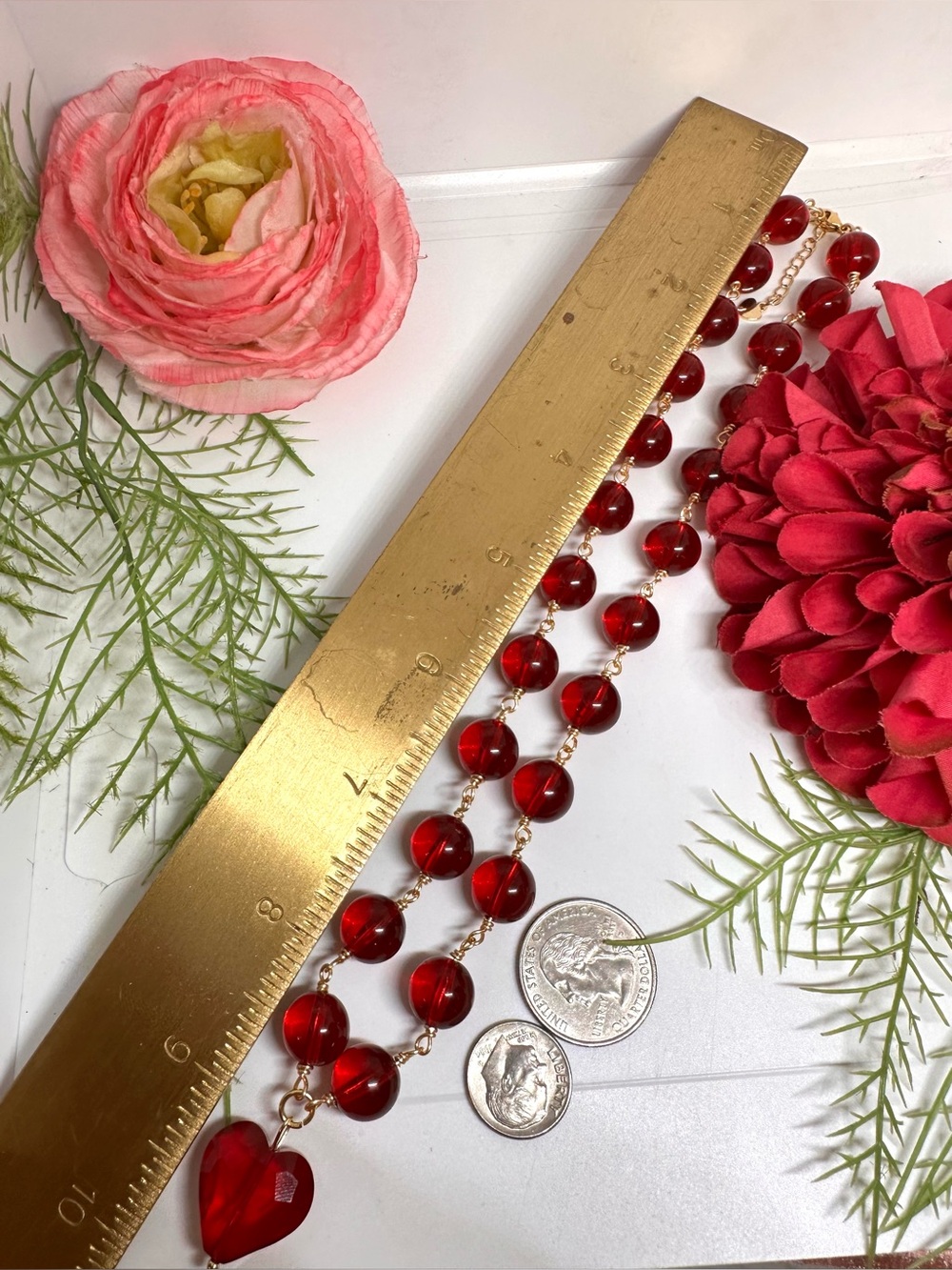 NEW⚜️ Handmade Red Beaded Crystal Heart Charm Necklace - Picture 5 of 6